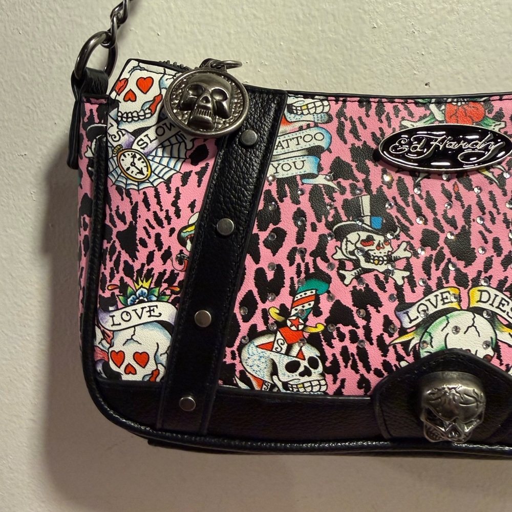 Ed Hardy shoulder crossbody Bag leopard print skull pink NWT - Picture 3 of 7